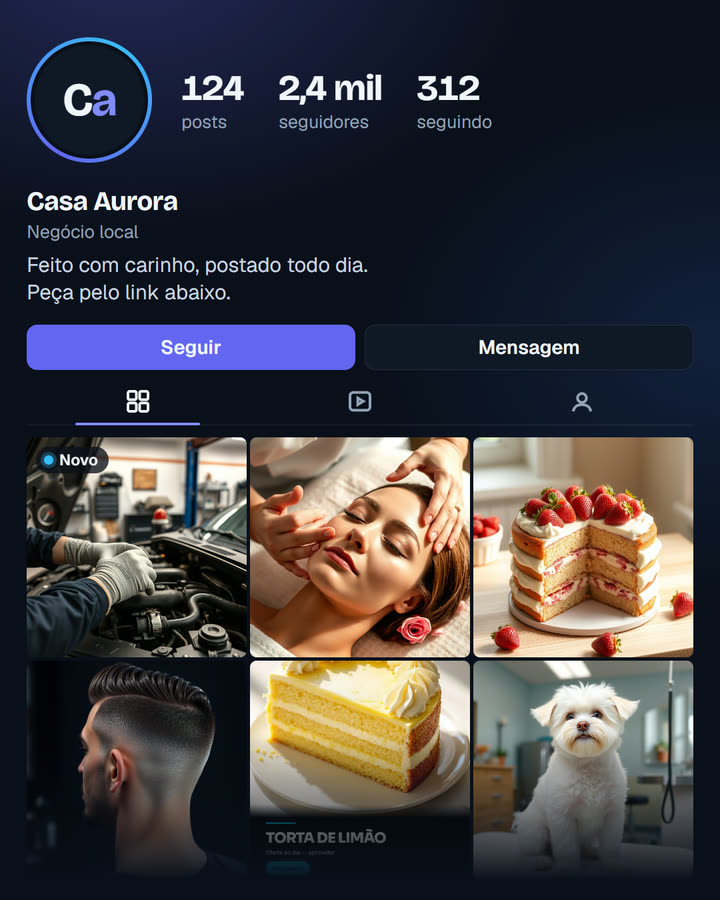 Exemplo do Impulso: um perfil de negócio recebendo posts novos, um depois do outro, com artes de vários ramos.