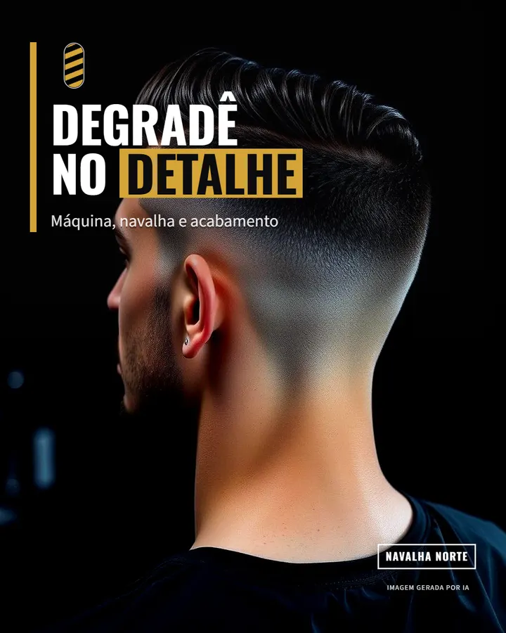 Arte de barbearia: close de um degradê com o título Degradê no detalhe