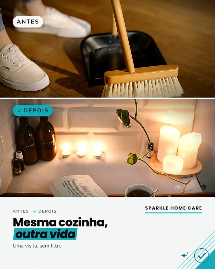 Arte de limpeza com antes e depois e o título Mesma cozinha, outra vida