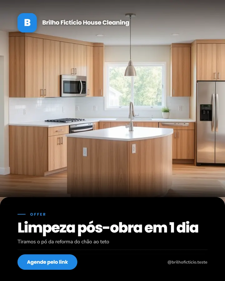 Arte de limpeza pós-obra: cozinha limpa e o título Limpeza pós-obra em 1 dia