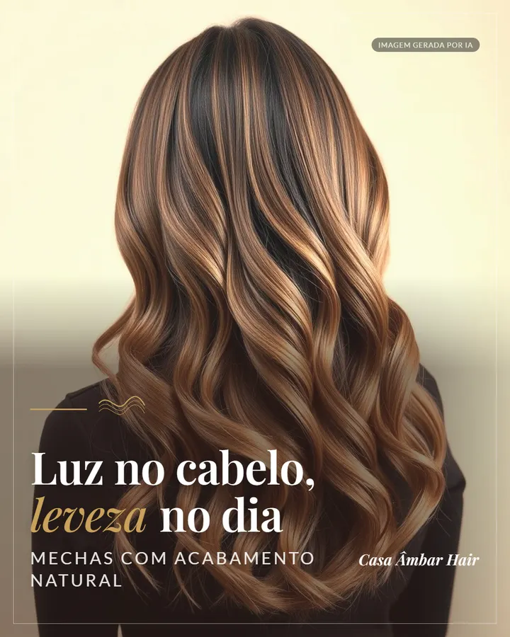 Arte de salão: cabelo com mechas e o título Luz no cabelo, leveza no dia